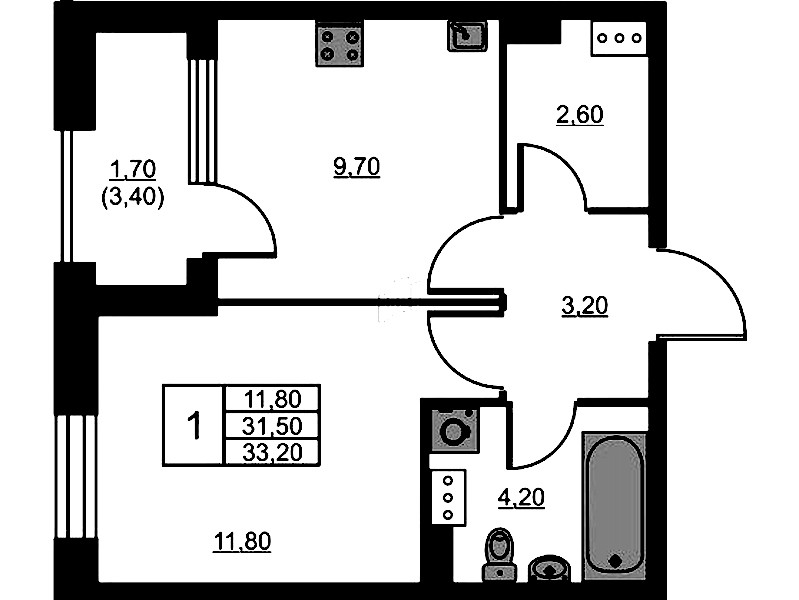 1-комнатная квартира 33.2 м², 12/13 эт., ЖК «Тайм Сквер»